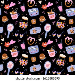 Valentines Day cheerful seamless pattern. Lovely romantic illustration with cute and character elements in scandinavian style. Vector. Good fabric design, textile, scrapbooking, wrapping paper