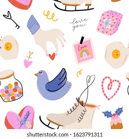 Valentines Day cheerful seamless pattern. Lovely romantic illustration with cute and character elements in scandinavian style. Vector. Good fabric design, textile, scrapbooking, wrapping paper