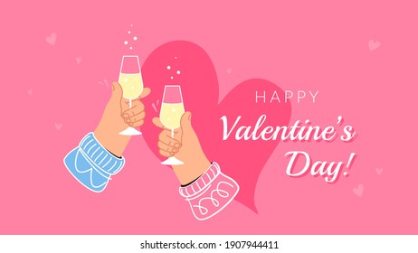 Valentines day cheers. Concept vector illustration of two human hands are greeting for 14 of February with a glass of champagne on rose background. Cheers and romantic dating and celebrating