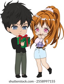 Valentines Day chibi couple kawaii character vector