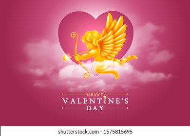 Valentines day chic greeting card with golden figure of cupid in the clouds at the heaven. Amur aiming in hearts of lovers. Heart shape on background. Vector illustration.