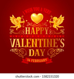 Valentines day chic greeting card with two golden figure of cupid, golden glowing heart and ornaments. Vector illustration.
