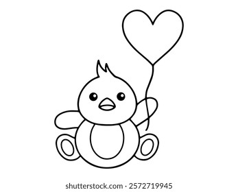 Valentines Day Chicks Holding Balloon Line Art