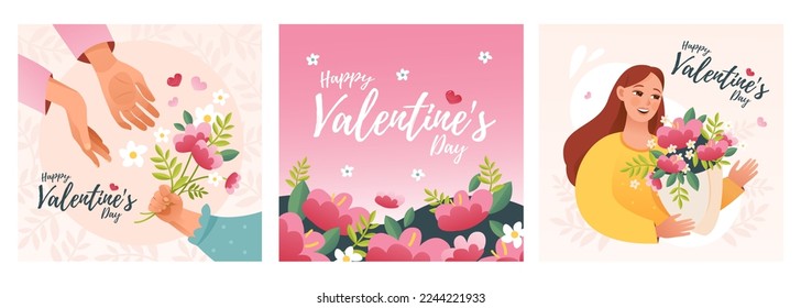 Valentine's day. A child gives a bouquet of flowers to his mother for Valentine's Day. A set of cute holiday cards. Cute cartoon vector illustration