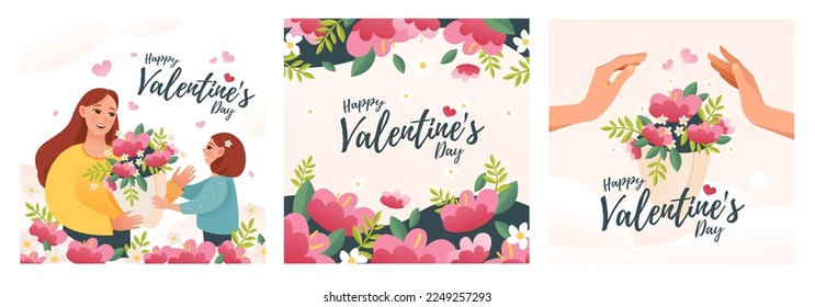 Valentine's day. A child gives a bouquet of flowers to his mother for Valentine's Day. A set of cute holiday cards. Cute cartoon vector illustration