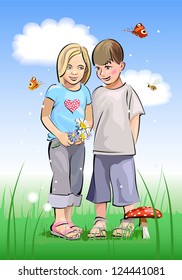 Valentine's Day, the children on the meadow