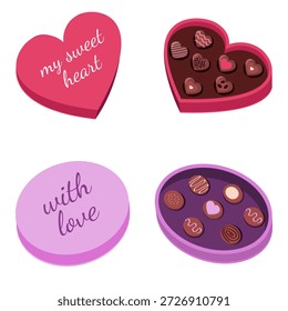 Conjunto de cajas de chocolate del día de San Valentín, caja redonda, caja en forma de corazón, chocolate, Elementos del día de San Valentín, con amor, mi corazón dulce, dulces, caramelos