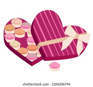 Valentines day chocolate candy heart box vector illustration. Assorted chocolates with different designs. Valentine's day gift