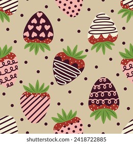 Valentine's Day Chocolate Covered Strawberries on Ecru Beige Seamless Pattern Design