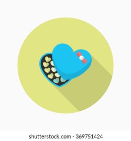 Valentine's Day chocolate icon, Vector flat long shadow design.Fall in love