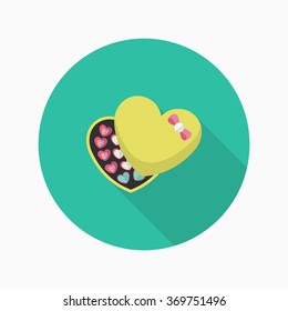 Valentine's Day chocolate icon, Vector flat long shadow design.Fall in love