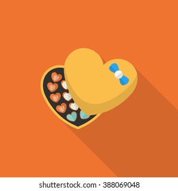 Valentine's Day chocolate icon, Vector flat long shadow design.Fall in love