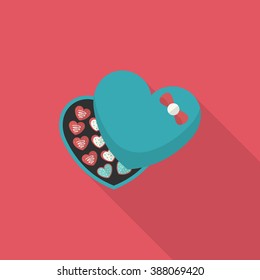 Valentine's Day chocolate icon, Vector flat long shadow design.Fall in love