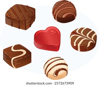 Valentine's Day Chocolate Set with Dark, Milk and White Chocolates. Confectionery Sweets Assortment Detailed Illustration 