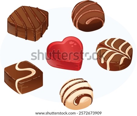 Valentine's Day Chocolate Set with Dark, Milk and White Chocolates. Confectionery Sweets Assortment Detailed Illustration 