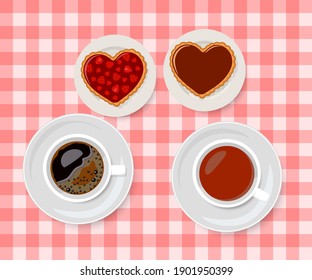 Valentines Day. Chocolate and strawberry jam biscuits with cups of tea and coffee. Cartoon flat style. Vector illustration