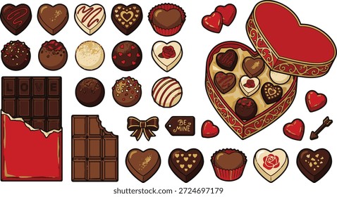 Valentinstag Schokolade Vektor Set. Verschiedene herzförmige Pralinen, Trüffeln und Schokoriegel einzeln auf Weiß	
