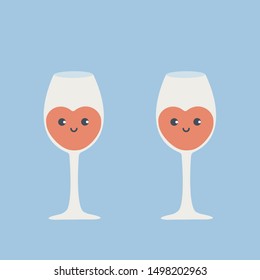valentines day & christmas simple. cheers character cartoon flat design vector. date & drink together. cute sweet art heart shaped & sweet face concept creative. red wine glass couple in love isolated
