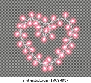 Valentines Day, Christmas, wedding and birthday lights isolated on transparent background. Realistic heart shaped led garland. Glowing neon lamp. Vector