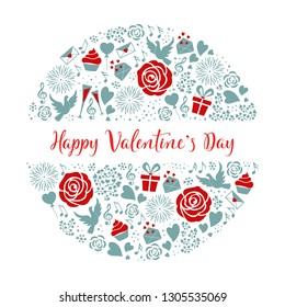 Valentines day circle card with hand lettering. Love card with roses, pigeons, hearts, letters, gift boxes, music in red and blue tones. Vector for greeting  card, textile, banner, gift boxes, t-shirt