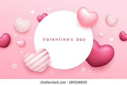 Espacio de círculo de San Valentín, diseño de banderas de color rosa-corazón-globo sobre fondo rosa, ilustración vectorial Eps 10