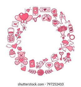 Valentine's Day circular frame full of lovely objects isolated on white. Editable blank space inside. Cute birds, hearts, flowers, gifts and more. EPS10 vector illustration.