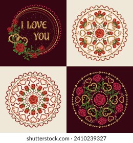 Valentines Day circular ornaments with hearts, red roses, spiral ribbons, text. Vintage style. For greeting card, wedding, engagement, event decoration.
