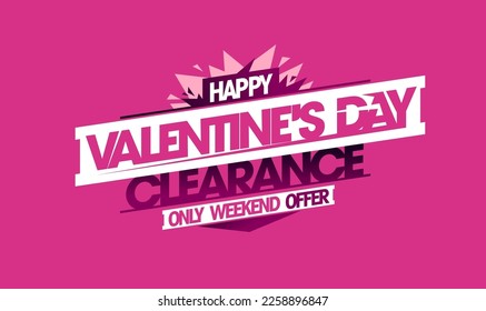 Valentine's day clearance, only weekend offer, vector web banner with ribbon and rays