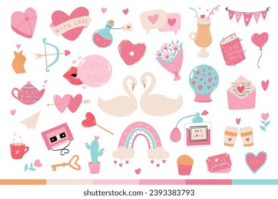 Valentine's Day clip art collection, hand drawn cartoon elements, doodles for stickers, prints, sublimation, cards, stationary, posters, etc. EPS 10