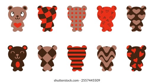 Valentines day clip art collection of chocolate teddy bears. Hand drawn isolated vector characters set. 