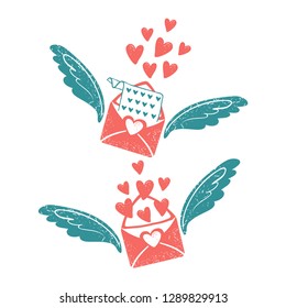 Valentine's day clip art. Envelope with wings and hearts, love postcard. Vector illustration