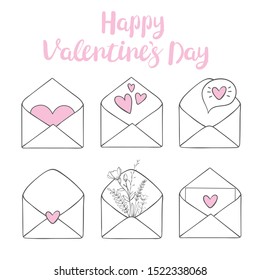 Valentine's day clip art. Envelope with hearts, stamps and hearts, love postcard with letters. Flying heart with wings. Vector illustration