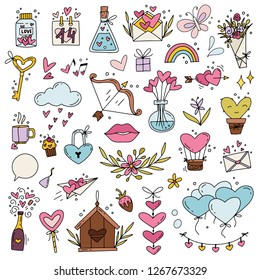 Valentine's Day Clip Art Set of Graphics. Lots of isolated decorative elements. Love theme illustrations. Flowers, hearts, lips, balloons, garlands & other decor for card design. Vector illustration 