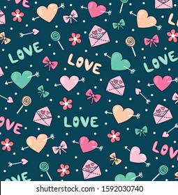 Valentine's Day Clip Art Set of Graphics. Flowers, hearts, envelope, cake, letter, gift, bow, ice cream. Valentine's Day stickers set. Valentine's Day pattern. Wrapping paper or fabric.