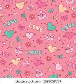 Valentine's Day Clip Art Set of Graphics. Flowers, hearts, envelope, cake, letter, gift, bow, ice cream. Valentine's Day stickers set. Valentine's Day pattern. Wrapping paper or fabric.