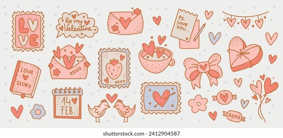 Valentine's Day Clip arts Set: Vector Collection of Love Themed Stickers. Isolated Romantic elements with Hearts, Messages, and Postage Stamp for Journal Stickers, Scrapbooking, and Greeting Cards