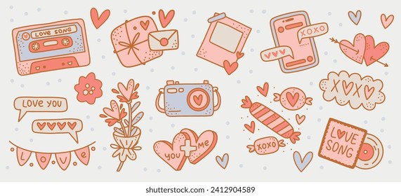 Valentine's Day Clip arts Set: Vector Collection of Love Themed Stickers. Isolated Romantic elements with Hearts, Music Tape, and Sweets for Journal Stickers, Scrapbooking, and Greeting Cards