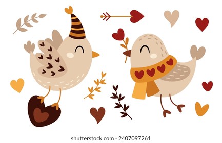 Valentines day clipart. Valentines birds in cartoon flat style. Kids Valentines illustration.