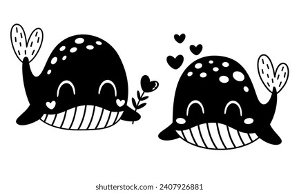 Valentines day clipart. Black and white Valentines whales in cartoon flat style. Kids Valentines illustration.