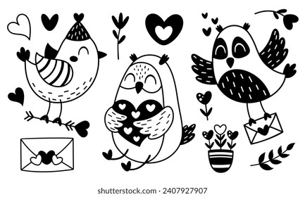 Valentines day clipart. Black and white Valentines birds in cartoon flat style. Kids Valentines illustration.