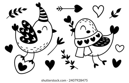 Valentines day clipart. Black and white Valentines birds in cartoon flat style. Kids Valentines illustration.