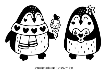 Valentines day clipart. Black and white Valentines penguins clipart in cartoon flat style.
