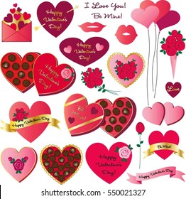 valentines day clipart with box of chocolate, roses, balloons, kisses
