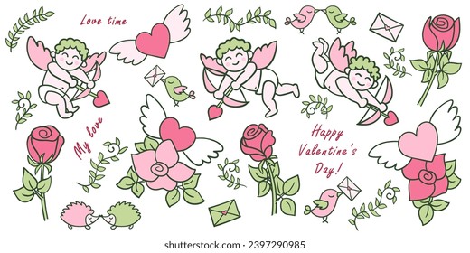 Colección de clipart de San Valentín con cúpidos, corazones voladores y flores de rosa sobre blanco. Esbozo de doodle dibujado a mano de colores suaves rosa y verde claro. Amo vectorial para vacaciones o diseño de boda.
