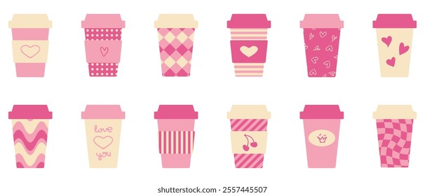 Valentines day clipart collection of paper coffee cups with hearts decoration. Hand drawn isolated vector mug set. 