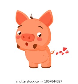 Valentine's day clipart. Cute pig farts with hearts. Humorous vector printable illustration with cartoon characters