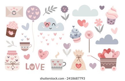 Valentines day clipart. Valentines elements in cartoon flat style. Love vector illustration.