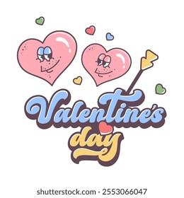 Valentinstag-Clipart. Flirtenpaar. Handgezeichnete Umrisse Groovige Herzen im Retro-Stil. LGBT-Paar. Valentinstag-Charaktere lächeln einander an. Valentinstag text.Vektorgrafik