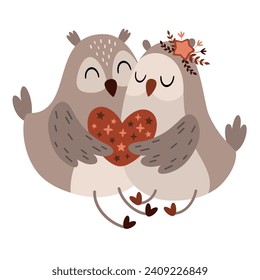 Valentines day clipart. Valentines owls in cartoon flat style. Kids Valentines illustration.