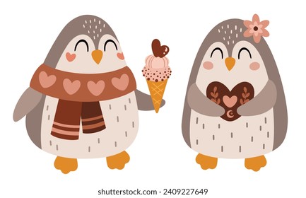 Valentines day clipart. Valentines penguins in cartoon flat style. Kids Valentines illustration.